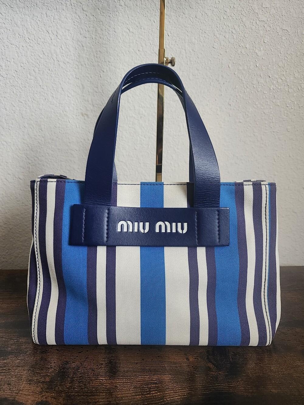 Miu Miu Blue/White Canvas Striped Tote Top Handle With Detachable Strap